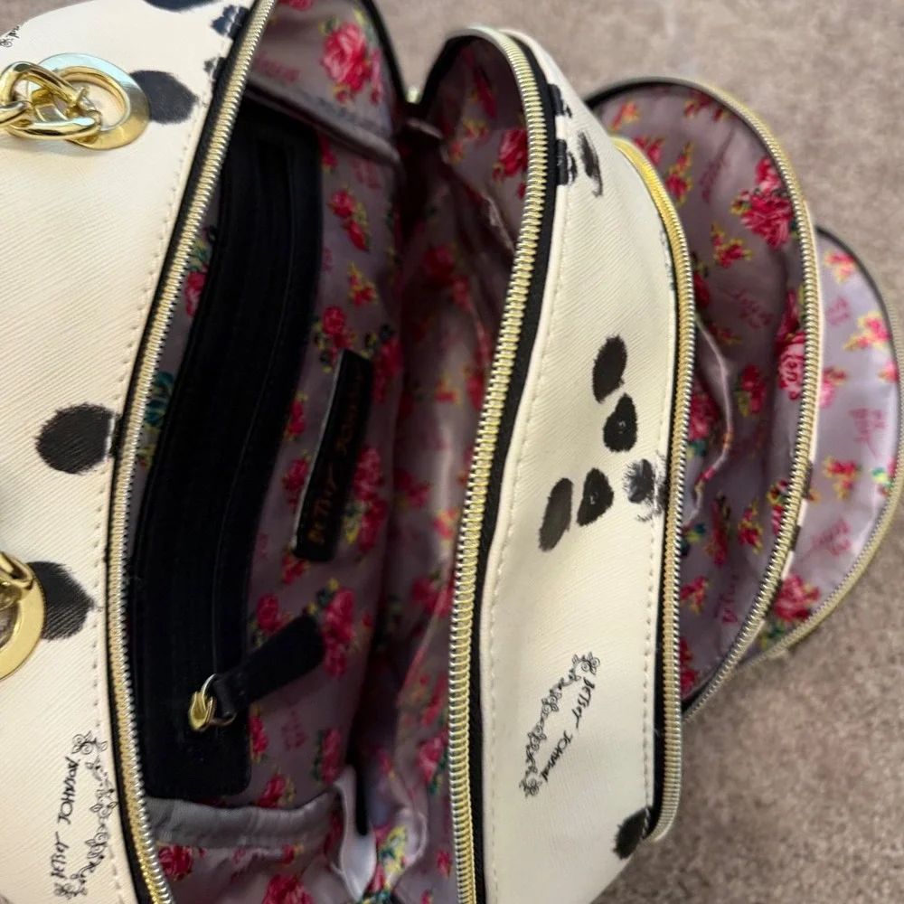 Betsey Johnson Panda Print Mini Backpack White Black Gold Chain Handle Floral